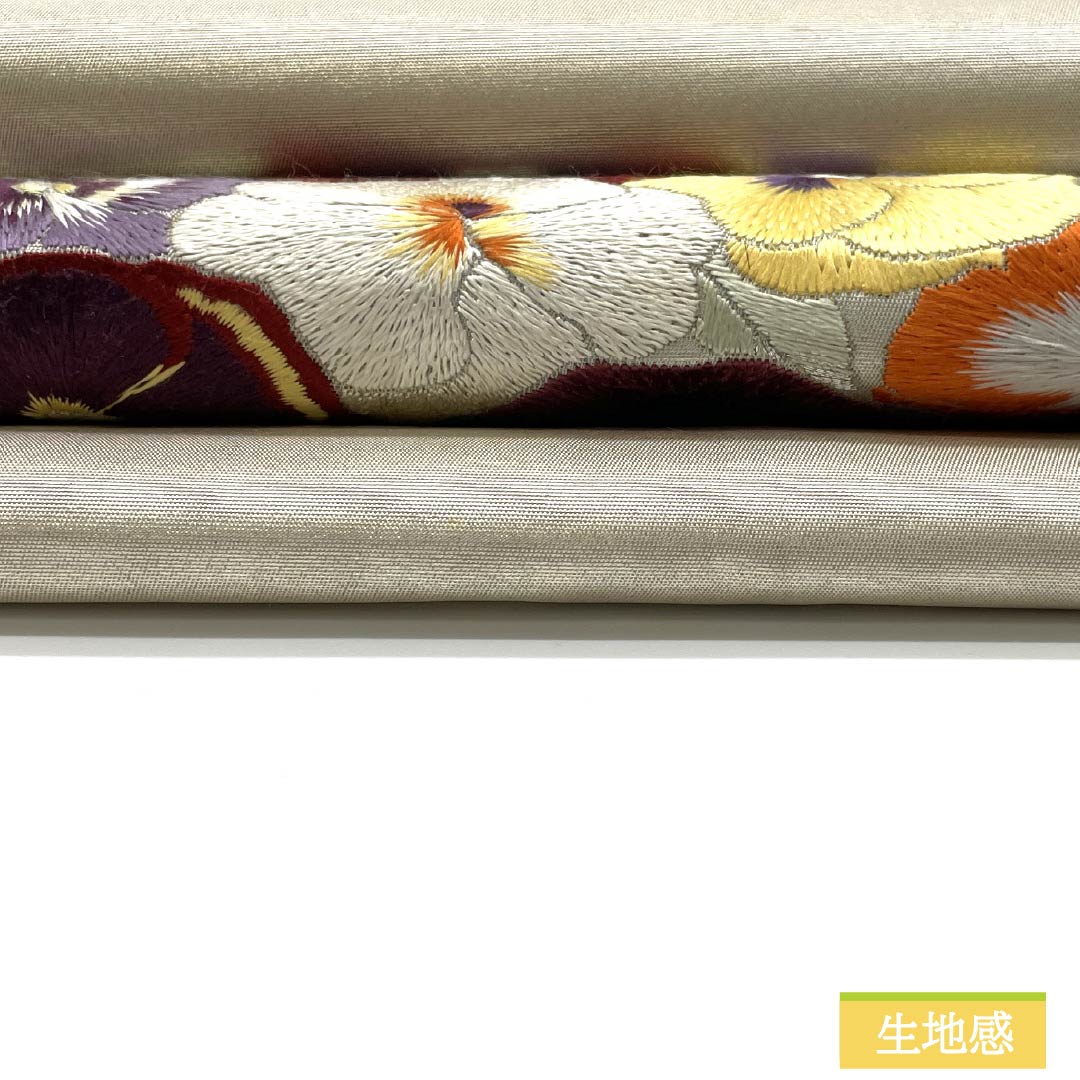 名古屋帯 生成り色（きなりいろ） 刺繍 パンジー 帯丈359cm 正絹 Sランク ポイント柄 カジュアル ベージュ系 1124007532325 名古屋仕立て