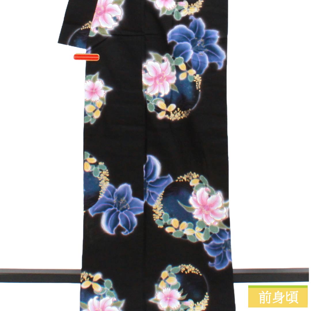 浴衣 木綿 Sランク 身丈168cm 裄丈67.5cm 黒色 山本寛斎 百合 花輪 単衣 黒系 1118006952510