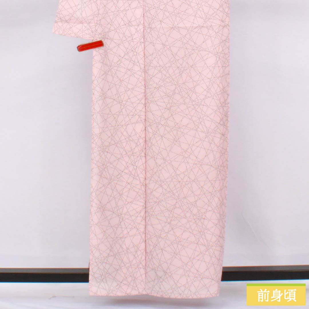 夏物 ポリエステル 小紋 身丈159.5cm 裄丈64cm 曙色（あけぼのいろ） 点 線 洗える着物 絽 Bランク ピンク系 1132002464313