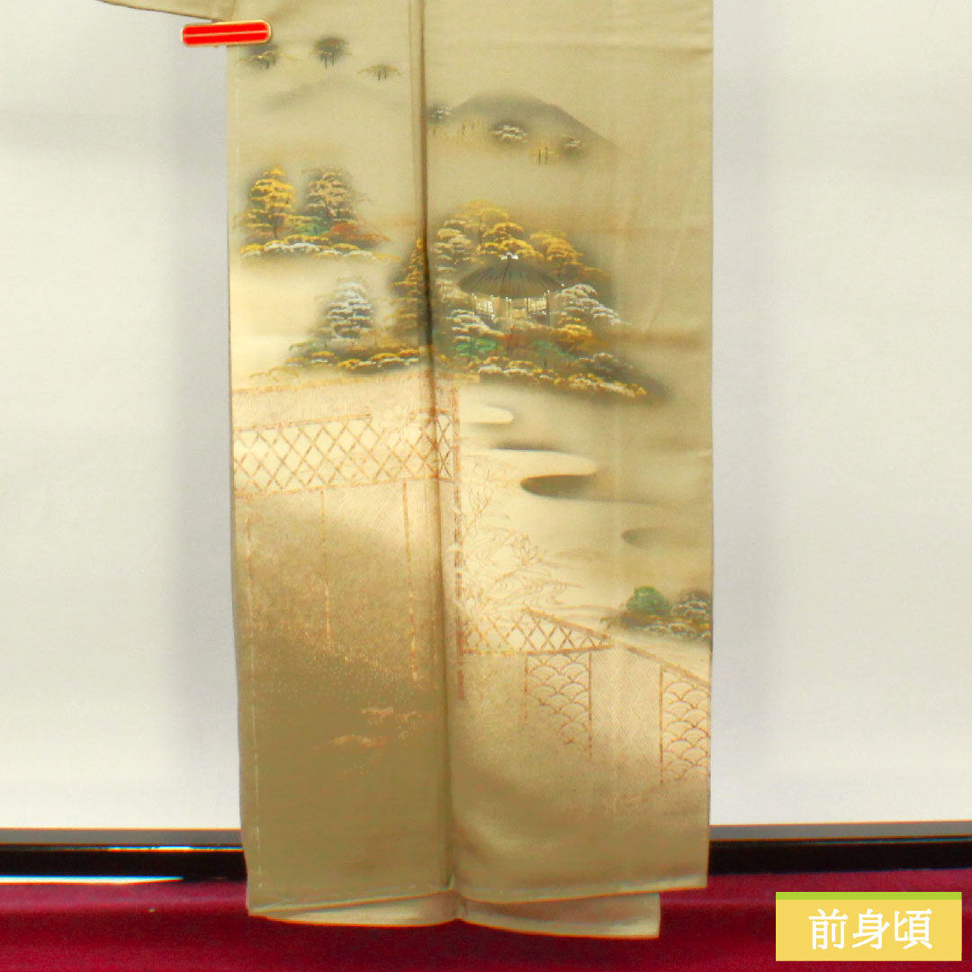 色留袖 正絹 身丈159cm 裄丈68cm 袷 亜麻色（あまいろ） 京友禅 風景模様 一つ紋 剣片喰 しつけ糸付き 未使用品 Sランク ベージュ系 1111001352325