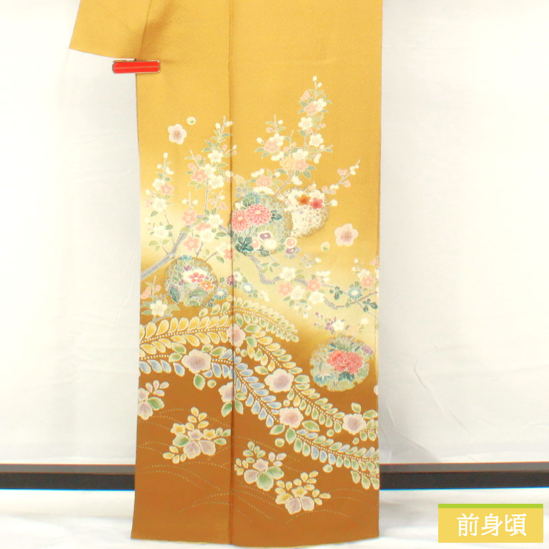 訪問着 正絹 袷 身丈163cm 裄丈69cm 黄唐紙色（きからかみいろ） 京友禅 桜 菊 撫子 ニューはればれ加工 Sランク 黄系 1112005152423