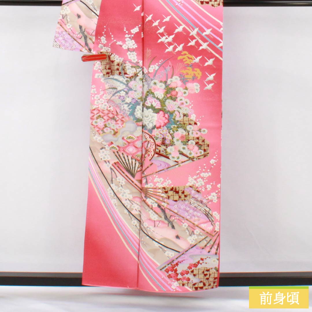 訪問着 正絹 Sランク 袷 身丈155.5cm 裄丈63cm 紅梅色（こうばいいろ） 京友禅 吉祥文様 鶴 梅 扇面 ピンク系 1112007362313