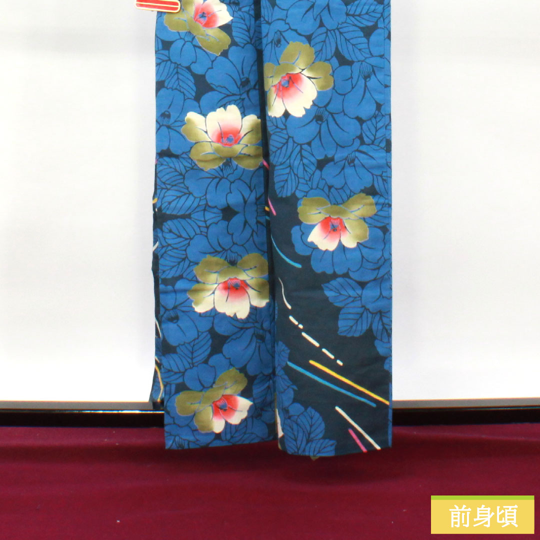 Yukata Cotton Length 161cm Sleeve length 65.5cm S rank Single layer Navy blue Navy iron color Camellia 1118005172418