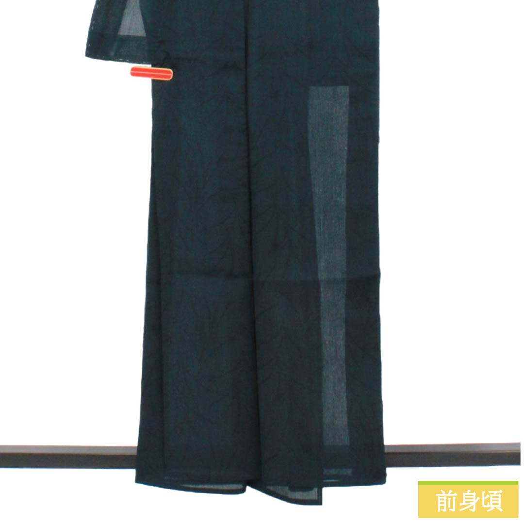 夏物 ポリエステル 色無地 Aランク 身丈160cm 裄丈63.5cm 青墨色（あおずみいろ） 草花模様 縮風 紗 緑系 1132004623419