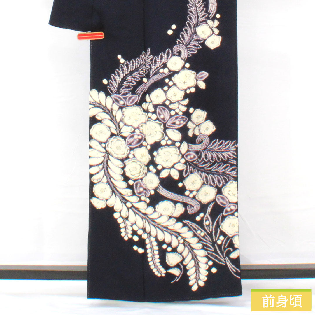 Homongi, pure silk, lined, length 158cm, sleeve length 67cm, blue-brown, Tsujigahana, partially dyed, A rank, navy blue, 1112005163318
