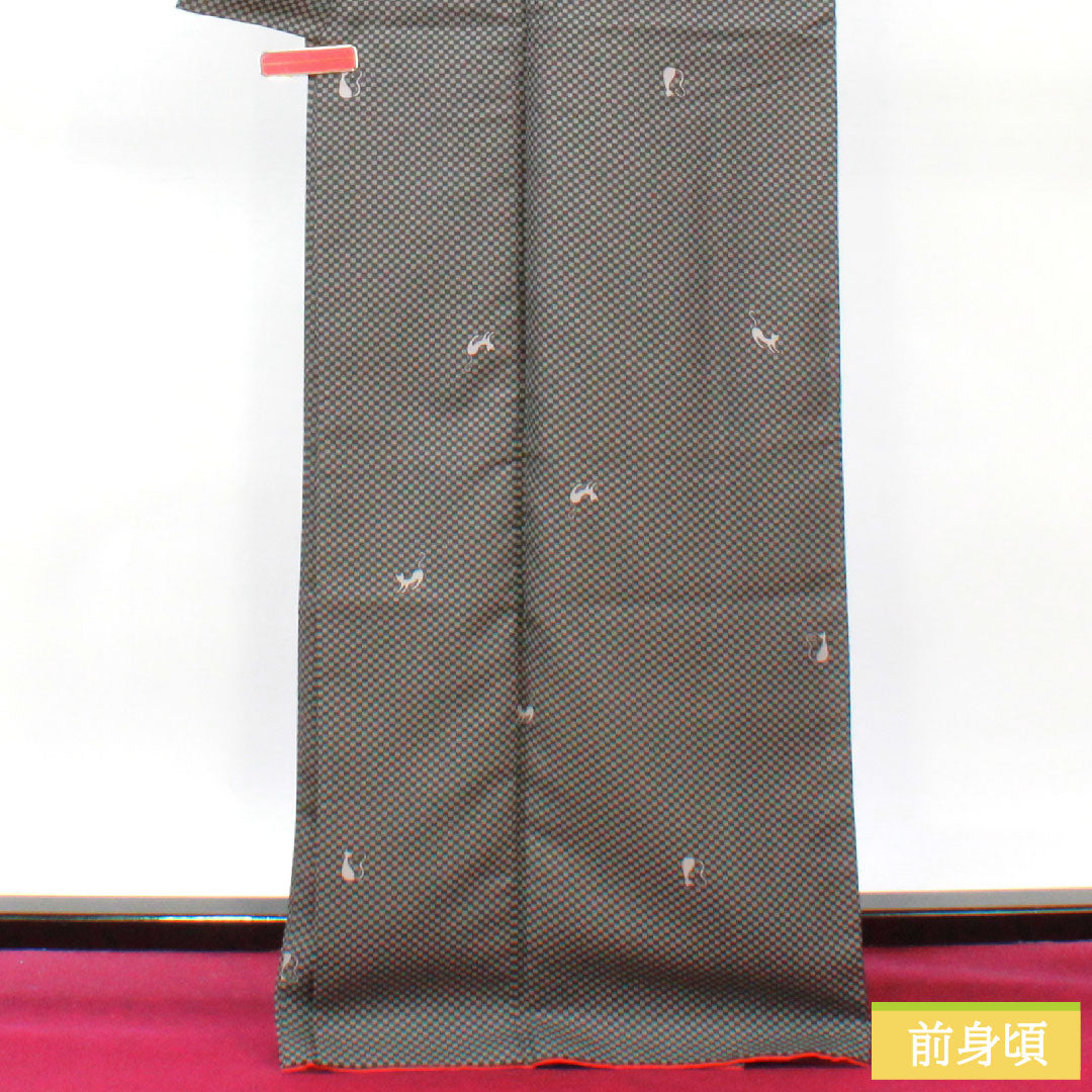 Small pattern, polyester, length 166.5cm, sleeve length 68cm, lined, washable kimono, checkered pattern, cat, S rank, monotone, 1115004382527