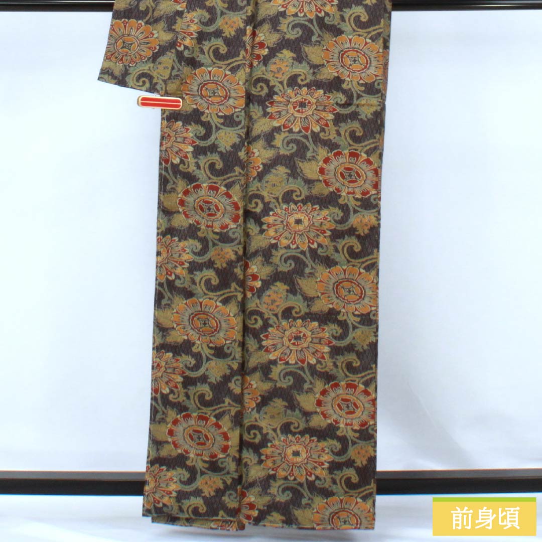 小紋 正絹 Sランク 身丈161.5cm 裄丈64.5cm 袷 石板色（せきばんいろ） 更紗 しつけ糸付き グレー系 1115007182422
