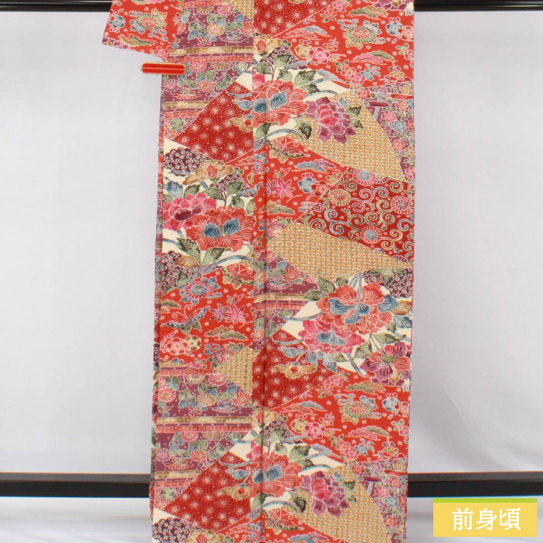 小紋 正絹 Sランク 身丈163cm 裄丈67cm 袷 京紅型 割付文様 紅型調 草花  グラデーション系 1115007342499