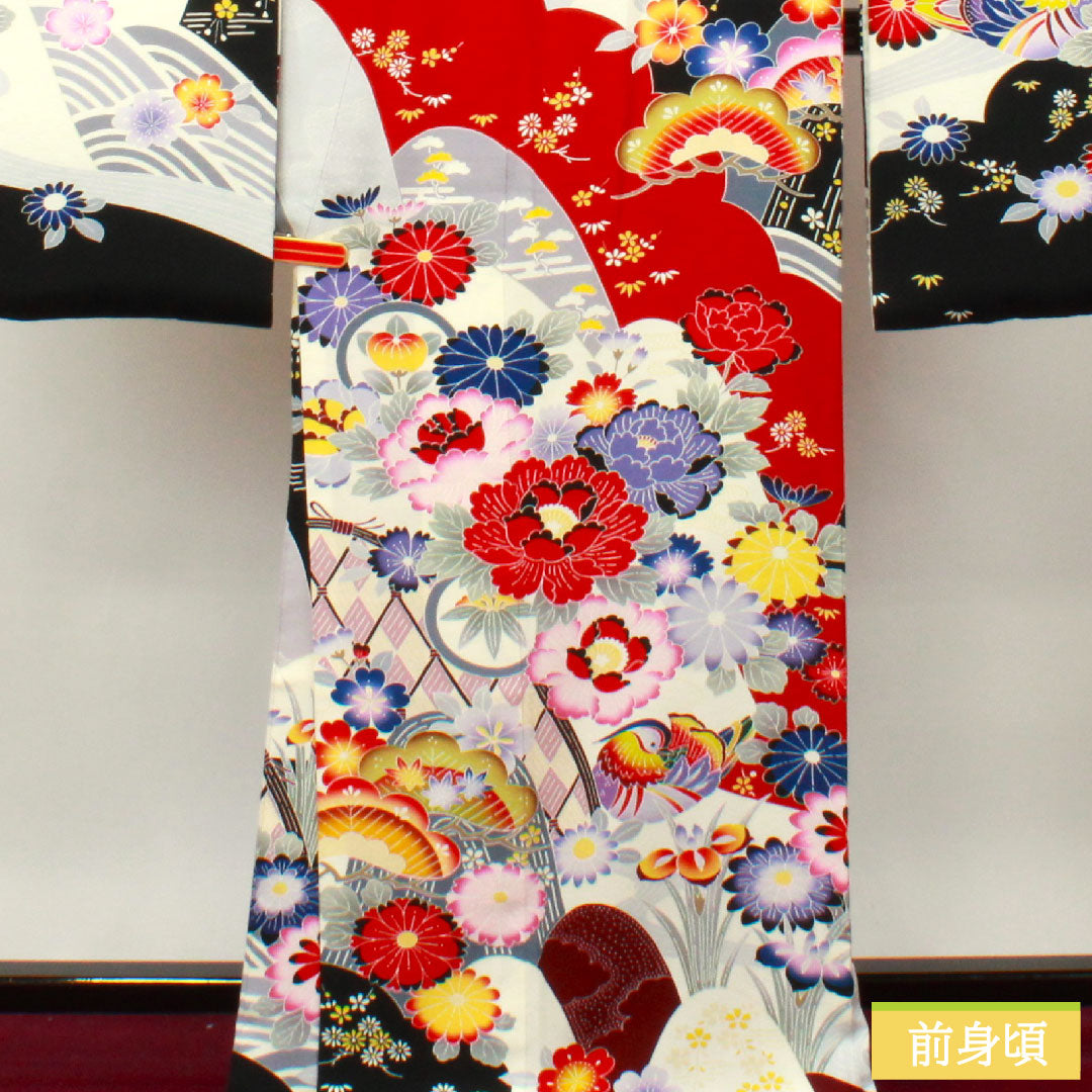 Furisode, pure silk, length 171cm, sleeve length 65cm, lined, Kyoto Yuzen, floral pattern, Seigaiha, mandarin ducks, S rank, gradation style, 1113001802699