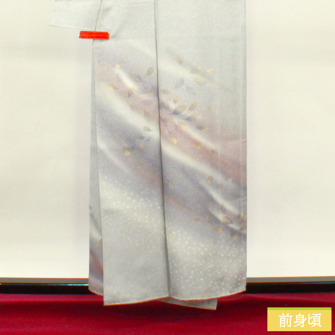 訪問着 正絹 袷 身丈156.5cm 裄丈63cm 白銅色 タタキ染 葉っぱ模様 しつけ糸付き 未使用品 Sランク グレー系 1112003612322