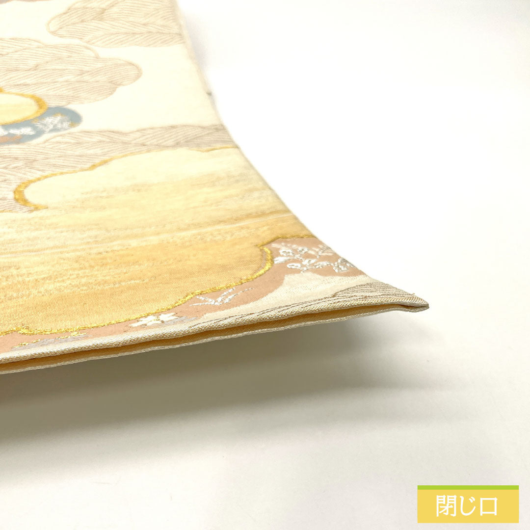 Fukuro obi, pure silk, A rank, Nishijin-ori, cloud patterns, small flowers, obi length 428cm, rokkutsu, formal, silver tones, 1123017233322