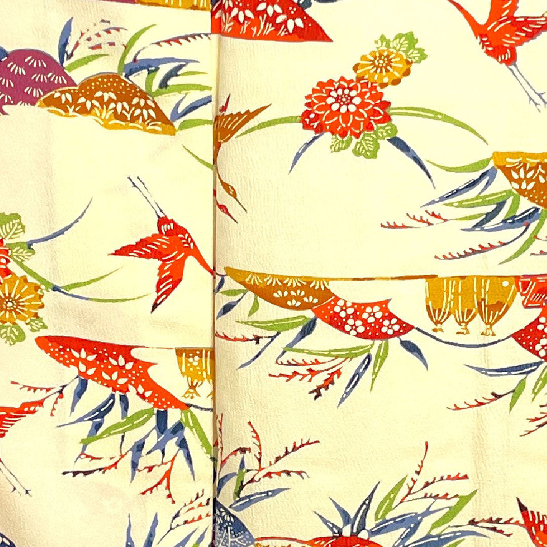Komon, Length 157.5cm, Sleeve length 62cm, Lined, Light egg color, Kyoto Bingata, Crane, Landscape pattern, Pure silk, S rank, Cream color, 1115002482315