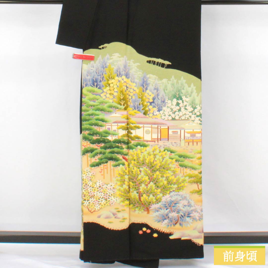 Black Tomesode (Tomesode) - Pure Silk, Grade A, Length 159cm, Sleeve Length 64.5cm, Lined, Kyoto Kaga Yuzen, Five Crests, Embracing Myoga Flower, Artist's Work, Landscape Pattern of Pine and Plum Blossoms, Five Crests, Black, Item Number 1111001963310