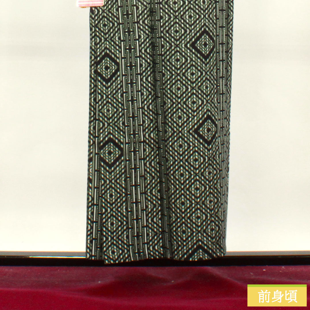 浴衣 木綿 身丈153.5cm 裄丈73cm Sランク 単衣 緑系 島松鼠色（しままつねずいろ） 男物 幾何学模様 山本寛斎 1118004902519