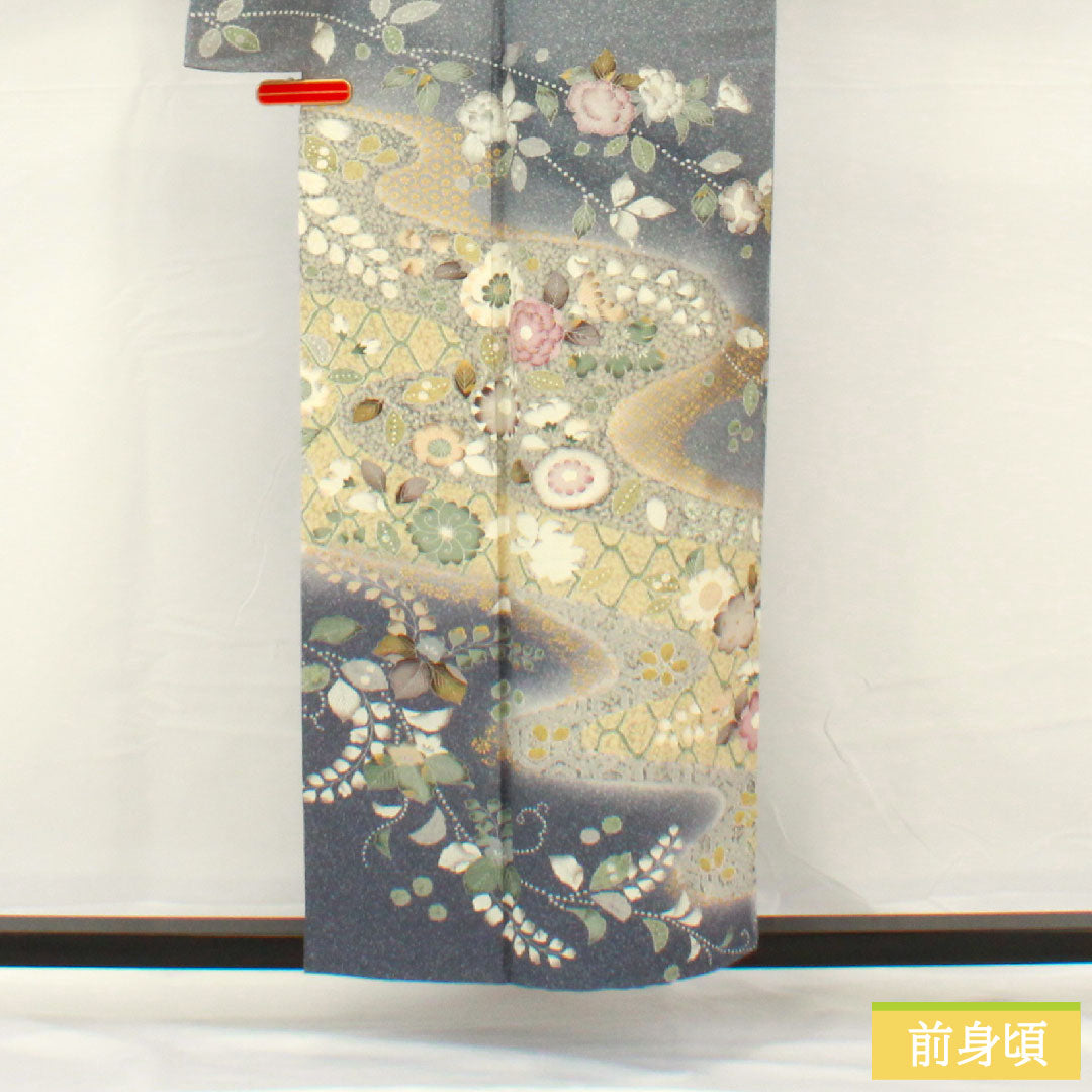 訪問着 正絹 袷 身丈155cm 裄丈63.5cm 青袋鼠色（せいたいねずいろ） 辻ヶ花 タタキ染 一つ紋 花紋 Sランク グレー系 1112005142322