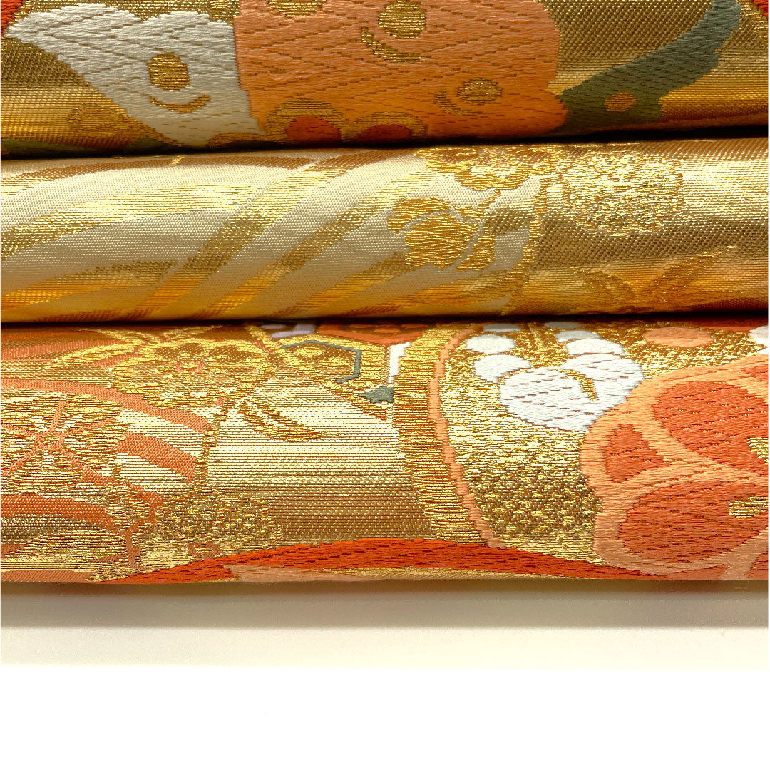 袋帯 蝶 波模様 草花模様 有職波桜文 帯丈428cm 正絹 Aランク 六通 フォーマル 金系 1123004363321