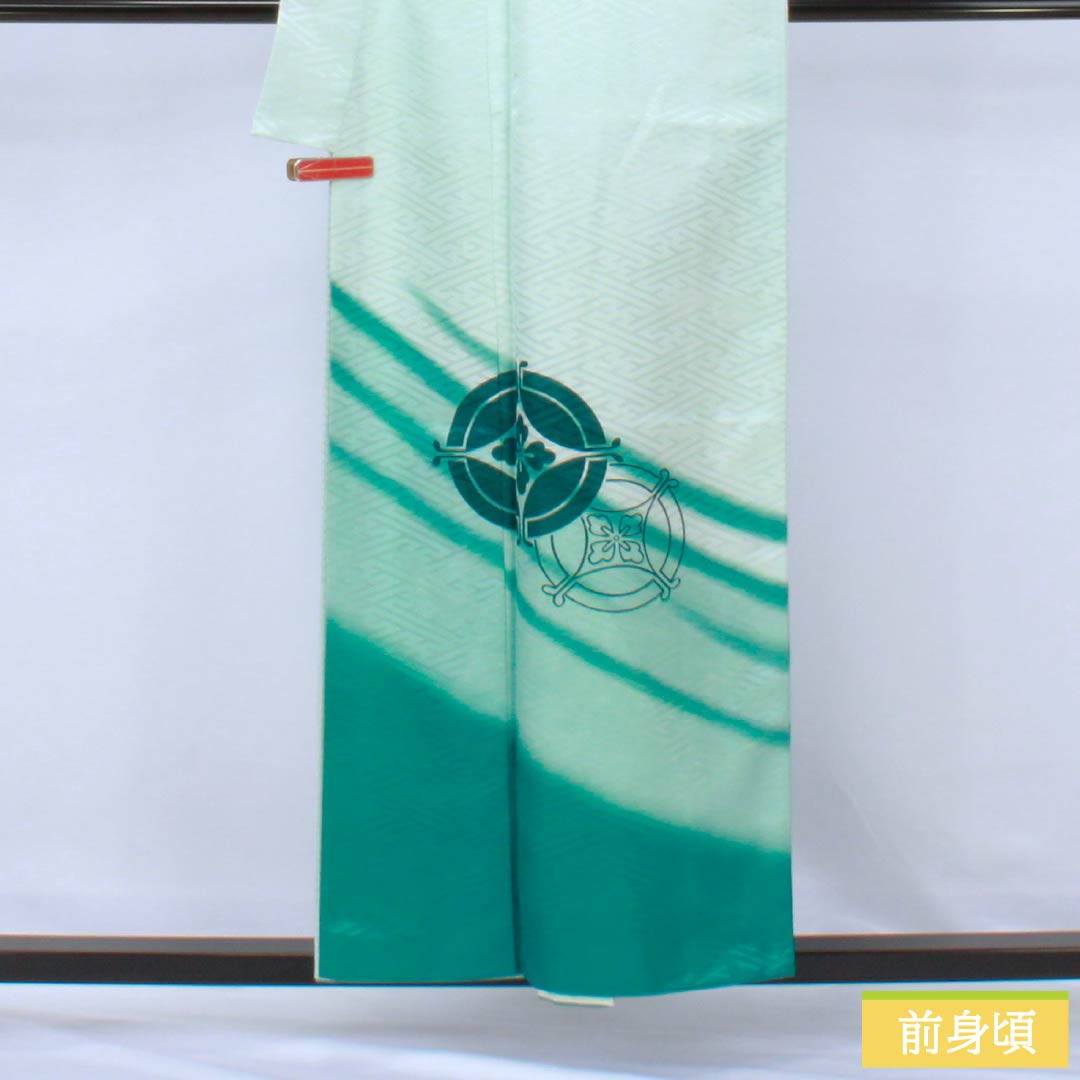 訪問着 ポリエステル Aランク 胴抜き 身丈156cm 裄丈64cm 薄水色（うすみずいろ） 半衿付き 踊り衣装 紗綾形 緑系 1112006383319