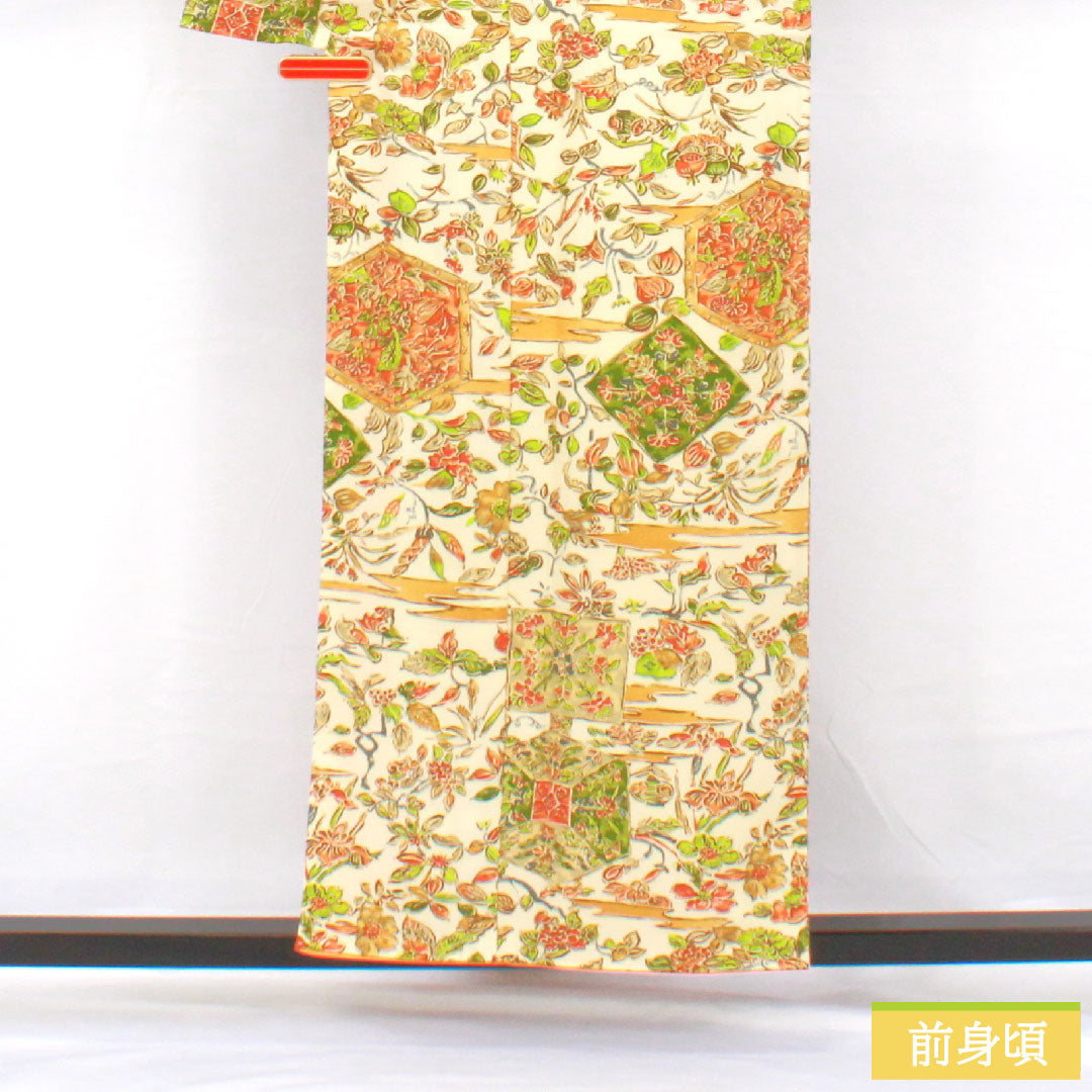 Small pattern, polyester, length 156cm, sleeve length 63cm, lined, milky white, chintz style, washable kimono, A rank, cream color, 1115004503315
