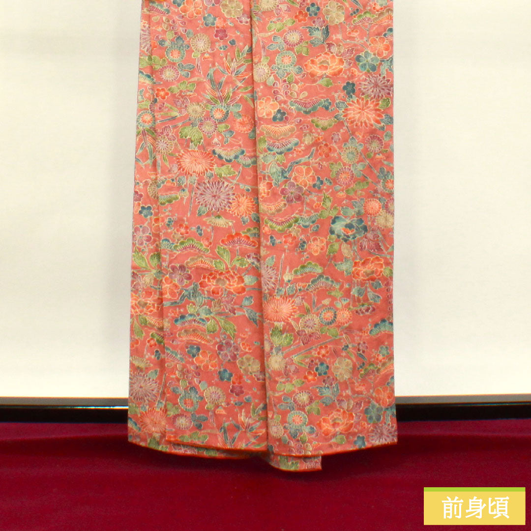 小紋 正絹 身丈160cm 裄丈65cm 袷 浅蘇芳色（あさきすおういろ） 草花模様 Sランク ピンク系 1115004102413