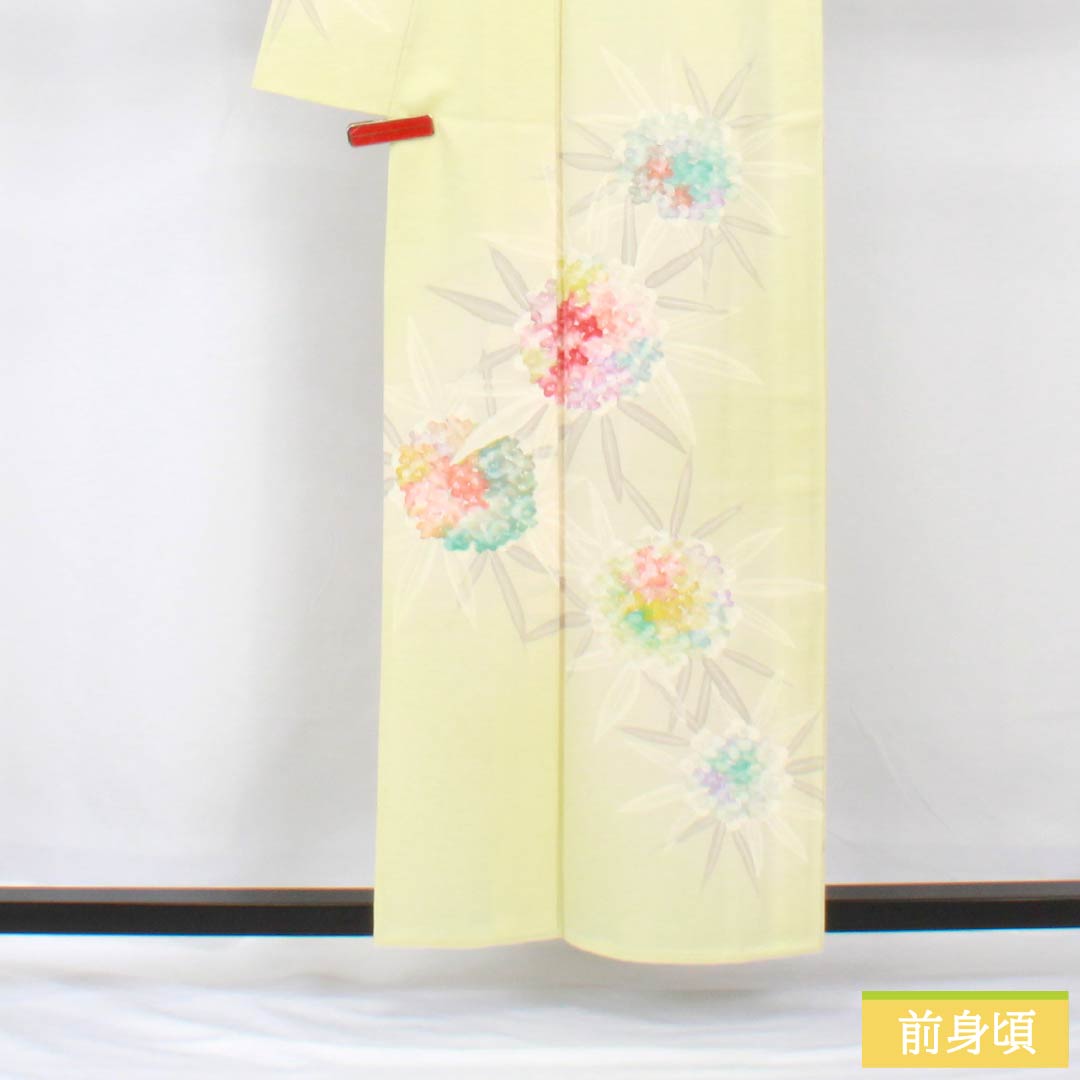 小紋 正絹 身丈158cm 裄丈63.5cm 単衣 硫黄色（いおういろ） ろうけつ染め 沈丁花 Sランク 黄系 1115005702323