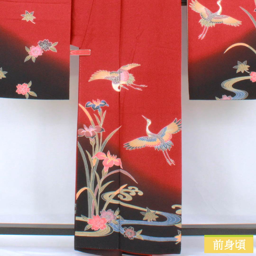 振袖 正絹 Sランク 身丈161.5cm 裄丈63.5cm 袷 生臙脂色（しょうえんじいろ） 京紅型 鶴 流水 桜 菖蒲 赤系 1113002372412