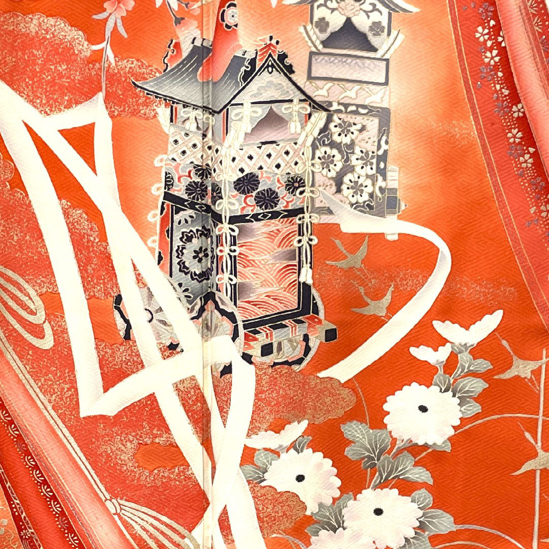 Long-sleeved kimono, length 166cm, sleeve length 63cm, lined, medium red, spear, floral pattern, pure silk, A rank, vermilion, 1113001463516