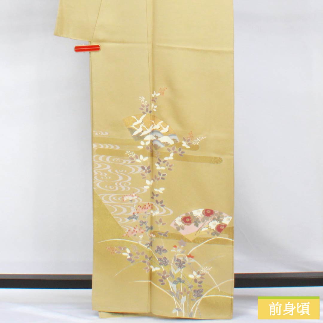 訪問着 正絹 Sランク 袷 身丈164cm 裄丈65cm 魚子黄色（ぎょしこういろ） 付下げ 京友禅 扇面 草木 しつけ糸付き 黄系 1112007772423