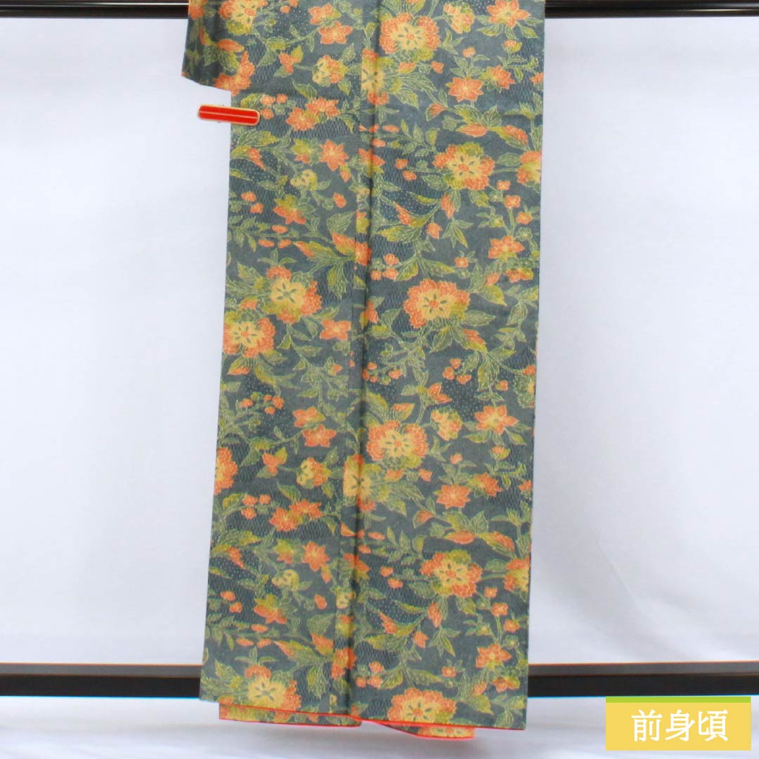 小紋 ポリエステル Sランク 身丈159.5cm 裄丈63.5cm 袷 御召御納戸色（おめしおなんどいろ） 洋花 洗える着物   青系 1115007282317