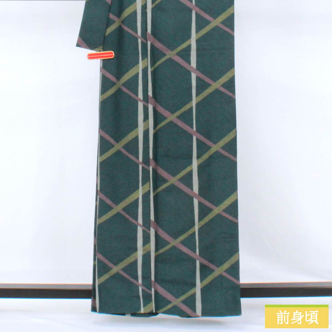 小紋 ポリエステル Sランク 身丈160cm 裄丈63.5cm 単衣 鉄色（てついろ） 型染 格子 洗える着物 緑系 1115007882419