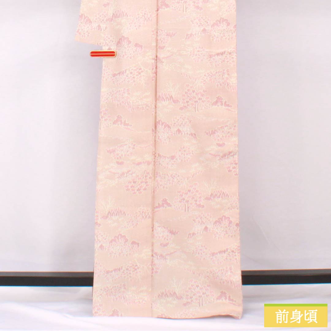 Pure silk tsumugi kimono, length 169.5cm, sleeve length 67cm, light purple (asa-kimono) color, landscape pattern, S rank, single layer, pink, product code 1116003822513