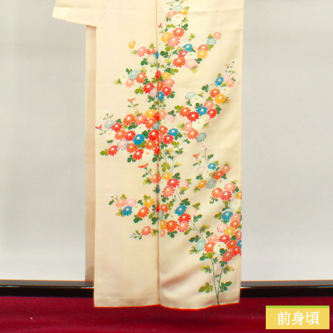 Homongi, pure silk, lined, length 160cm, sleeve length 63.5cm, Tonokoiro, Kyoto Yuzen, floral pattern, A rank, cream color, 1112004803415