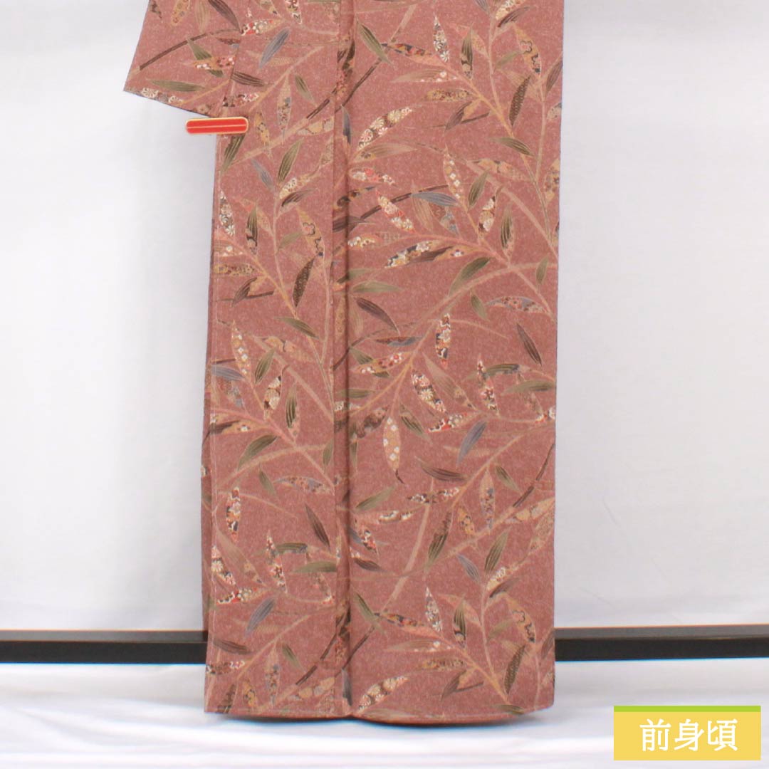 小紋 正絹 身丈162.5cm 裄丈64cm 袷 栗梅色（くりうめいろ） 型染 枝 更紗 しつけ糸付き Sランク 茶系 1115005622414