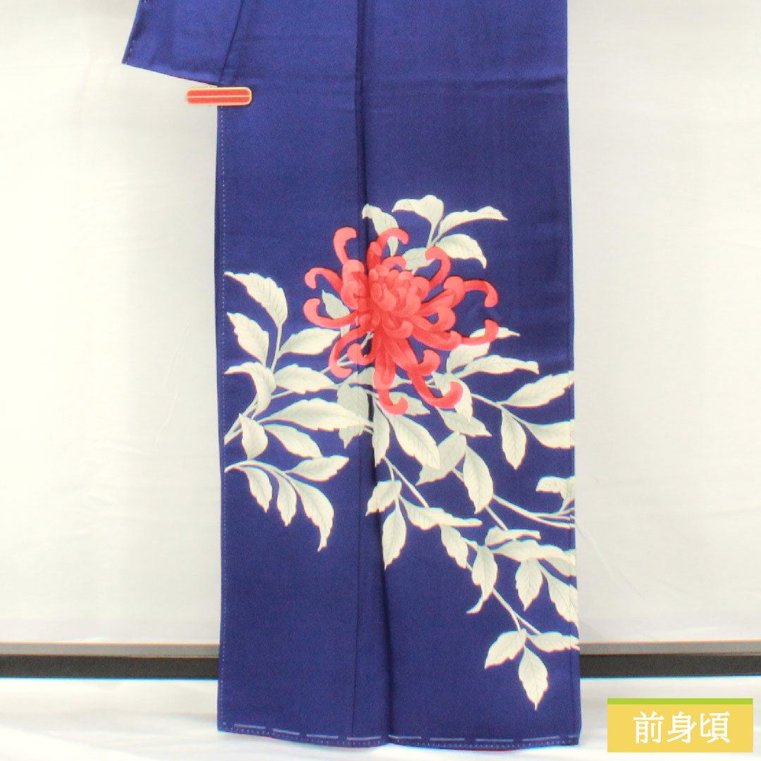 Homongi, pure silk, lined, length 163.5cm, sleeve length 65.5cm, lapis lazuli, Kyoto Yuzen, chrysanthemum, with basting thread, A rank, navy blue, 1112005283418