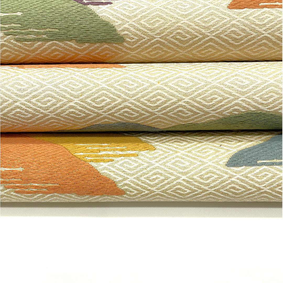 Nagoya obi, Living National Treasure Kitagawa Heiro, Honkaraori, Toyama pattern, obi length 369cm, pure silk, B rank, six-pass, casual, cream color, 1124001314315, open tailoring