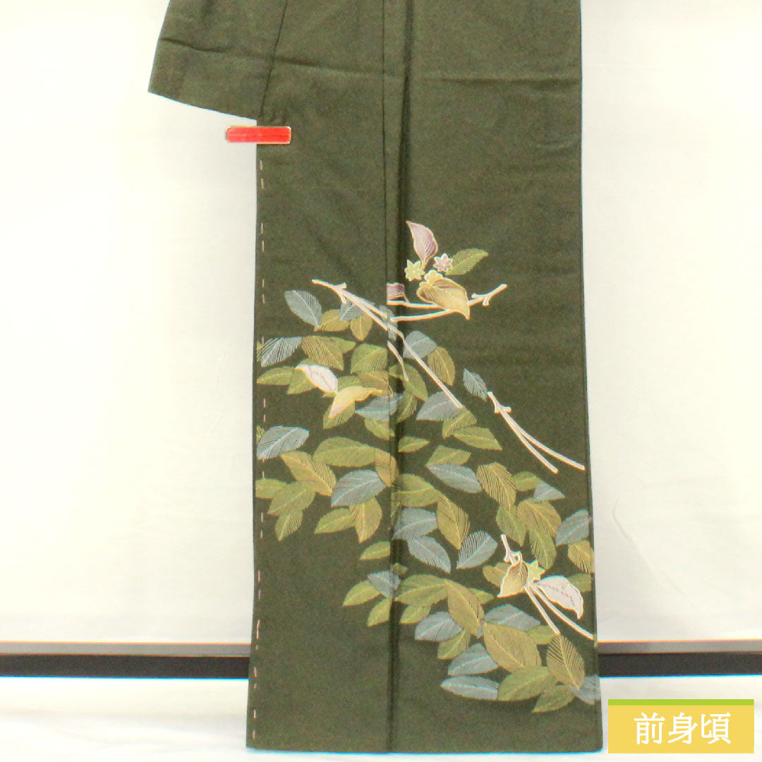 Homongi (formal kimono) made of polyester, lined, length 165cm, sleeve length 63cm, indigo sea pine brown, washable kimono, Matsuba, A rank, green, 1112005843519