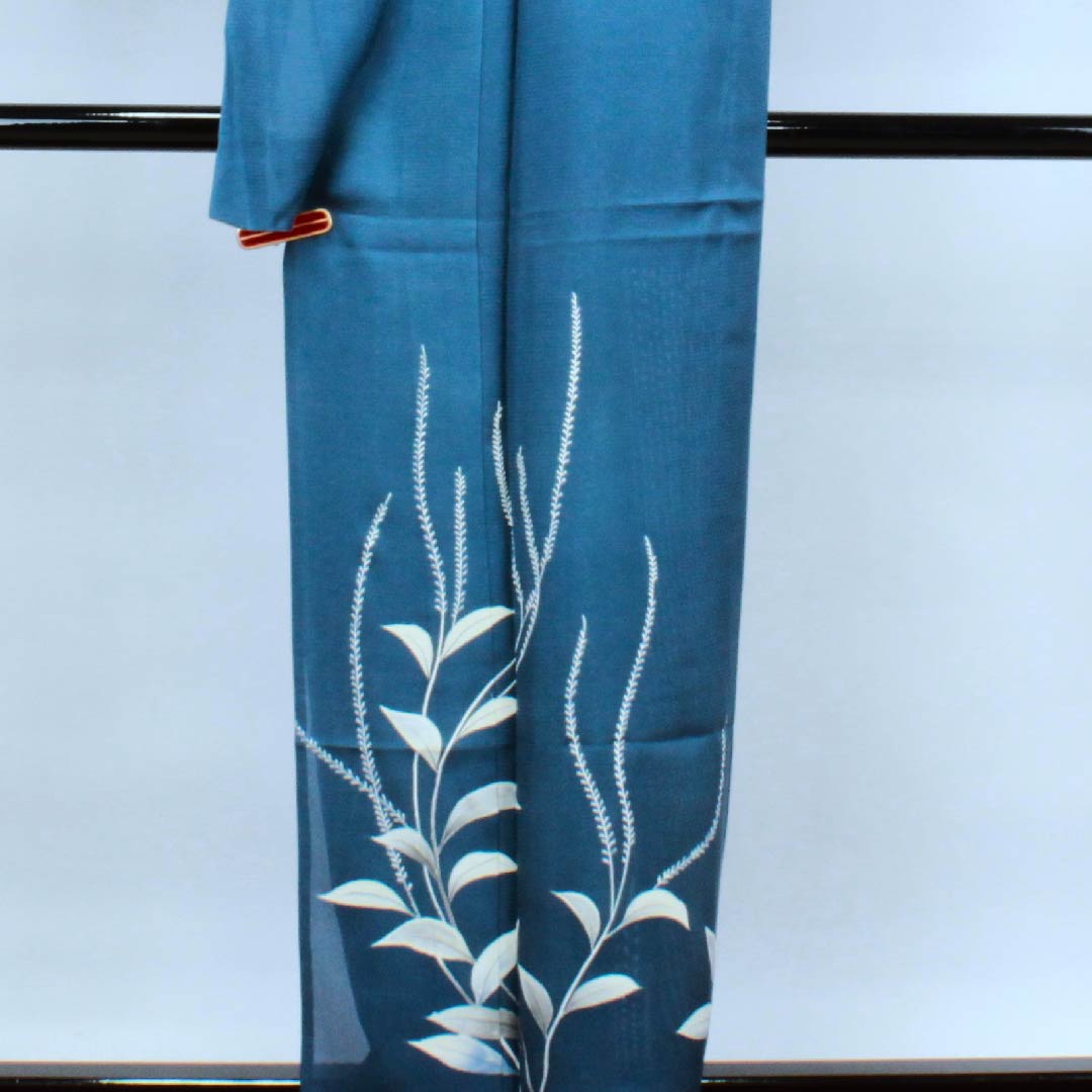 夏物 正絹 訪問着 身丈154.5cm 裄丈63.5cm 中縹色（なかのはなだいろ） 葉模様 しつけ付き 未使用品 絽 Aランク 青系 1132000353217