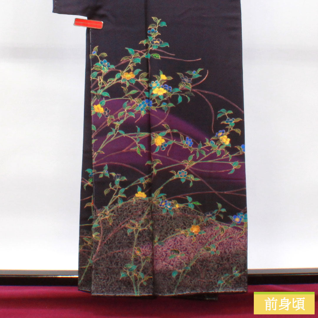 訪問着 正絹 袷 身丈158.5cm 裄丈65.5cm 褐色 草花模様 しつけ糸付き 未使用品 Sランク 紫系 1112003552320
