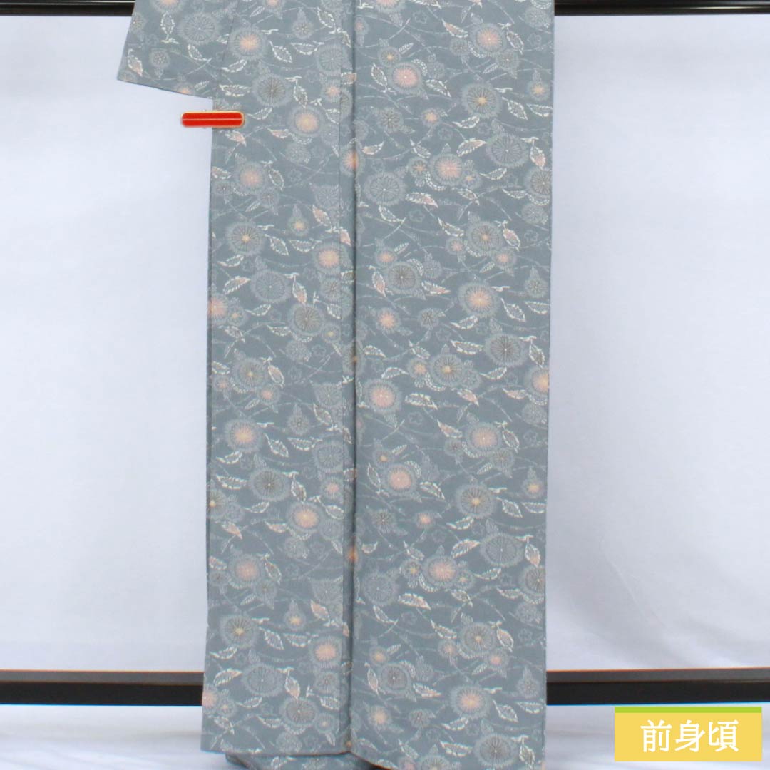 小紋 正絹 Sランク 身丈165cm 裄丈66cm 袷 湊鼠色（みなとねずいろ） 型染 ちりめん地 草木模様  青系 1115007382517