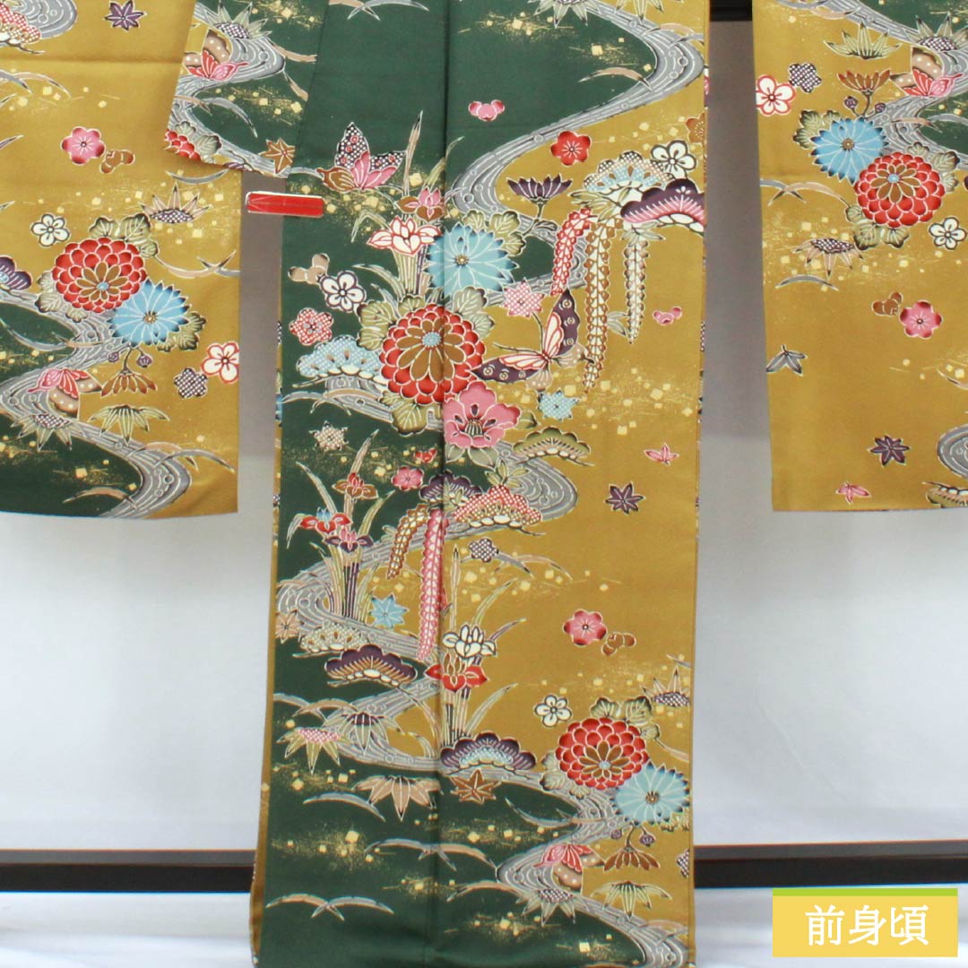Furisode (long-sleeved kimono) made of pure silk, grade A, length 168cm, sleeve length 68cm, lined, rapeseed oil color (natane-aburairo), Kyoto Yuzen sash pattern, Keicho pattern, yellowish pongee fabric, product number 1113002523523