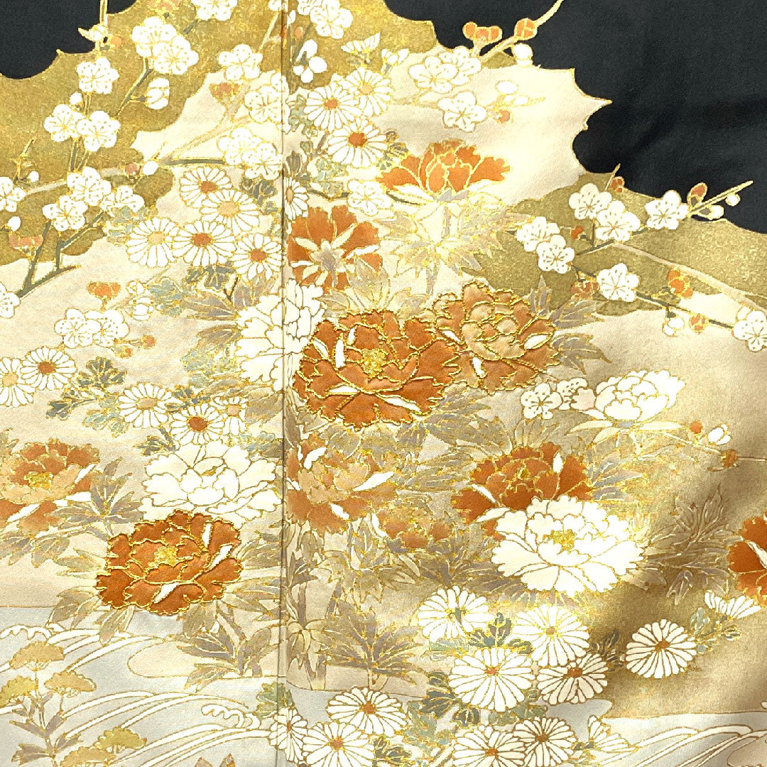 Black Tomesode, Length 166cm, Sleeve Length 66.5cm, Awase, Kyoto Yuzen, Floral Pattern, Katabami, Pure Silk, A Rank, Five Crests, Black, 1111000743510