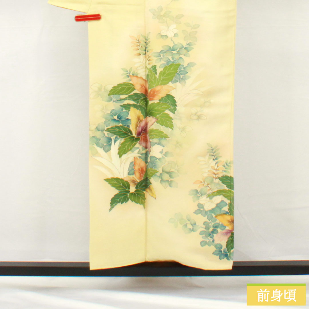 訪問着 正絹 袷 身丈156.5cm 裄丈63cm 淡黄色（たんこうしょく） 京友禅 草花模様 Aランク 黄系 1112005393323