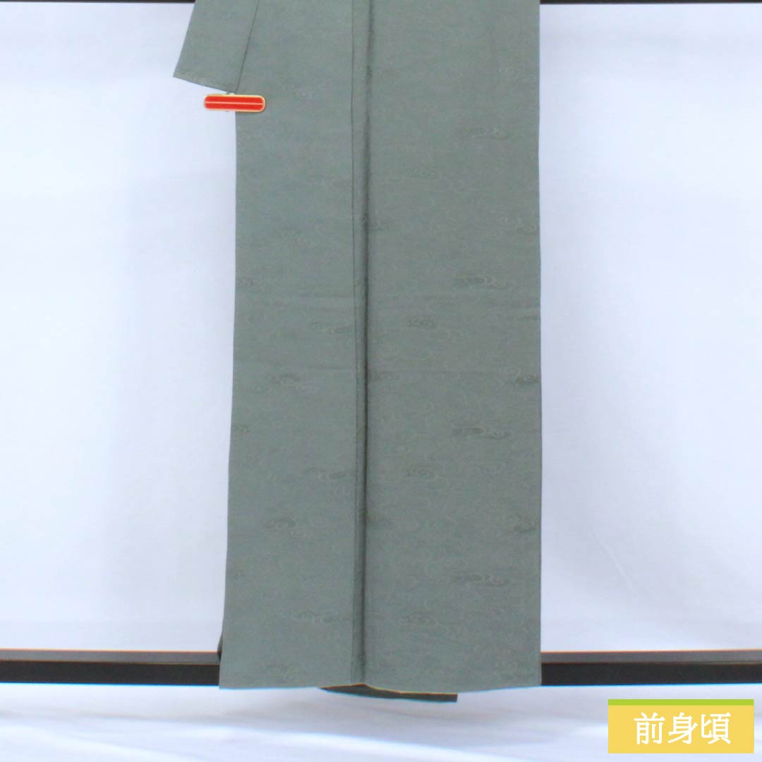 色無地 正絹 Sランク 身丈157.5cm 裄丈63cm 深川鼠色（ふかがわねずいろ） 綸子 流水 袷 グレー系 1114002392322