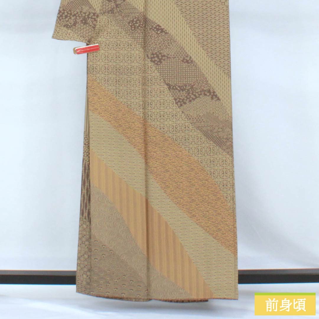 訪問着 正絹 Sランク 袷 身丈158cm 裄丈66cm 橡鼠色（つるばみねずいろ） 伊勢型紙 作家物 型染 丹後ちりめん うそつき襦袢 茶系 1112007742314