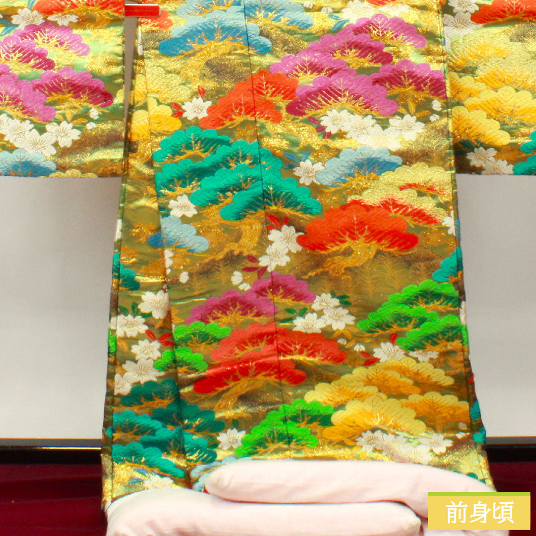 色打掛 正絹 身丈194cm 裄丈66cm  唐織 松 鶴 Sランク 袷 緑系 1110000702919
