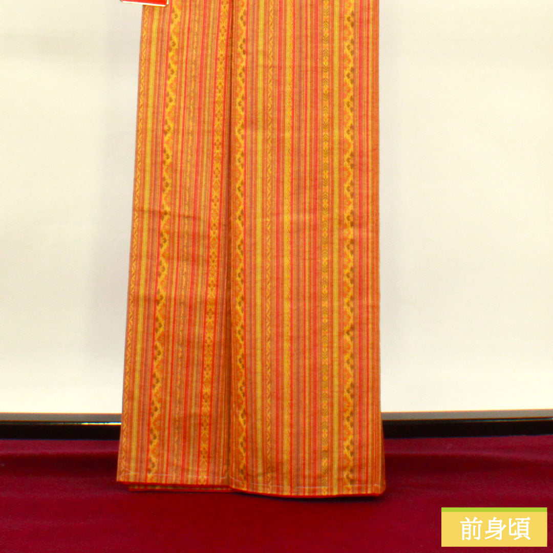 紬 正絹 身丈166cm 裄丈64cm 縞 しつけ糸付き 未使用品 Sランク 袷 黄系 1116003432523