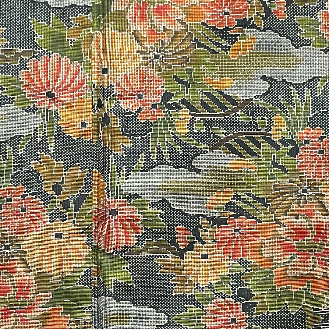 Oshima Tsumugi, Length 156.5cm, Sleeve length 64.5cm, Warp and weft ikat, Floral pattern, Pure silk, A rank, Lined, Green, 1116001853319