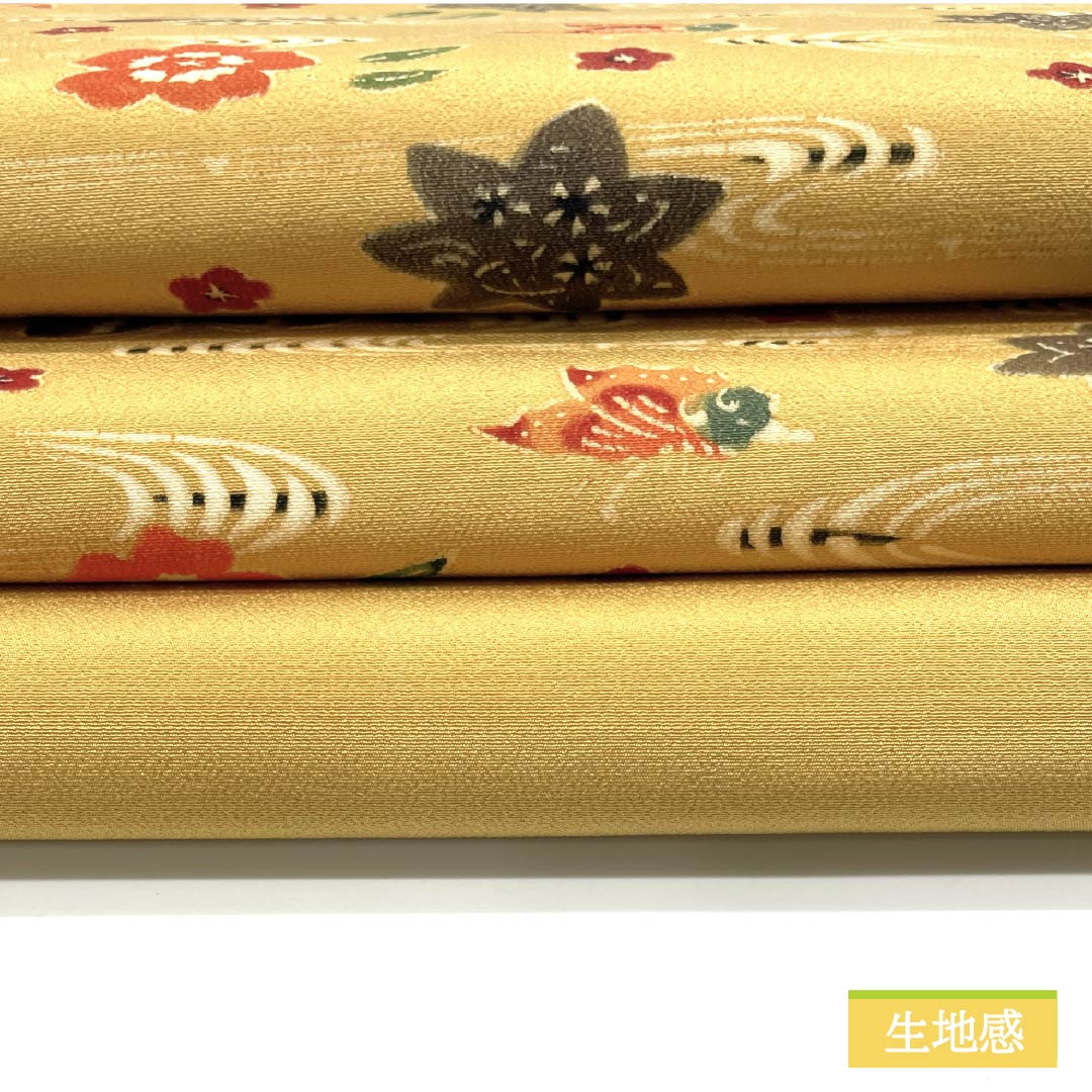 名古屋帯 土布色（トウプースーいろ） 京紅型 蝶 紅葉 帯丈352cm 正絹 Aランク 六通 カジュアル 黄系 1124006563323 名古屋仕立て