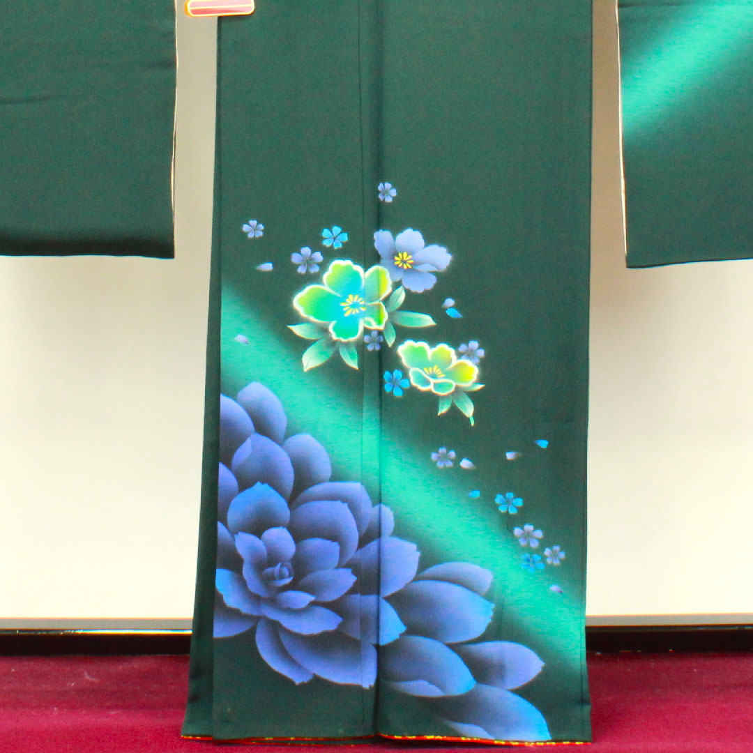 振袖 身丈165cm 裄丈70cm 袷  鉄色 京友禅 花模様  正絹 Aランク 緑系 1113001563519