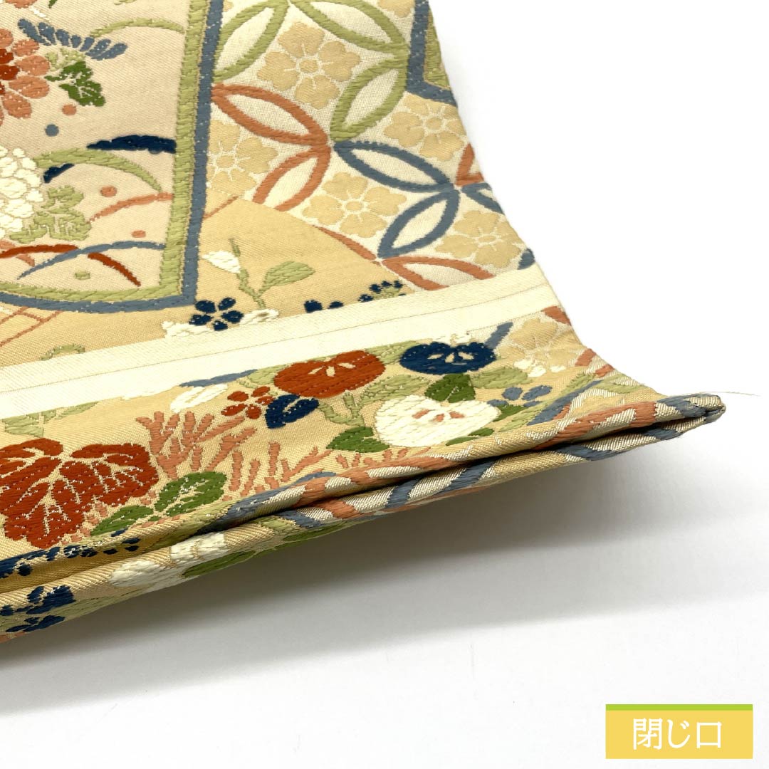 (Maru obi) Fukuro obi, pure silk, off-white (kinari-iro), Maru obi, Japanese style, Shippo, floral pattern, obi length 410cm, S rank, full length, formal, cream color, 1123013932315