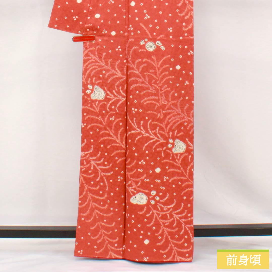 Komon, pure silk, length 163cm, sleeve length 65cm, lined, scarlet copper color, tie-dye, Tsujigahana, S rank, vermilion, 1115005242416